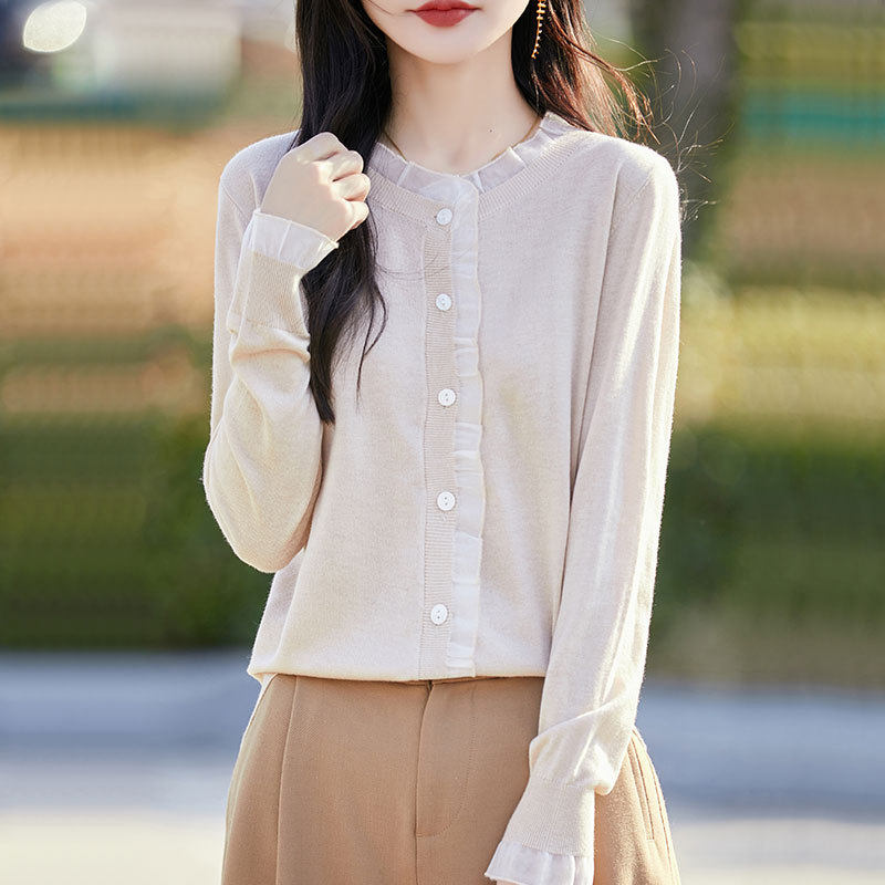 2026新款蕾丝针织开衫毛衣外套女春秋薄款大码短款打底衫洋气上衣