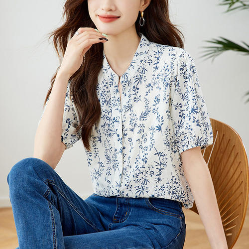 青花瓷纯棉短袖衬衫女夏季显瘦