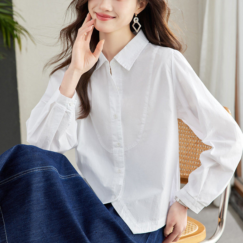 纯棉白衬衫女长袖通勤灯笼袖新款