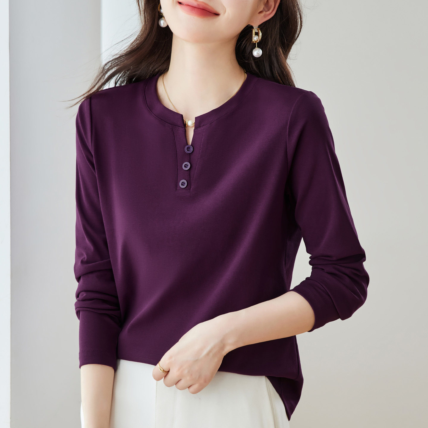 正肩长袖t恤女春季内搭打底衫2026新款爆款洋气女装宽松上衣体恤