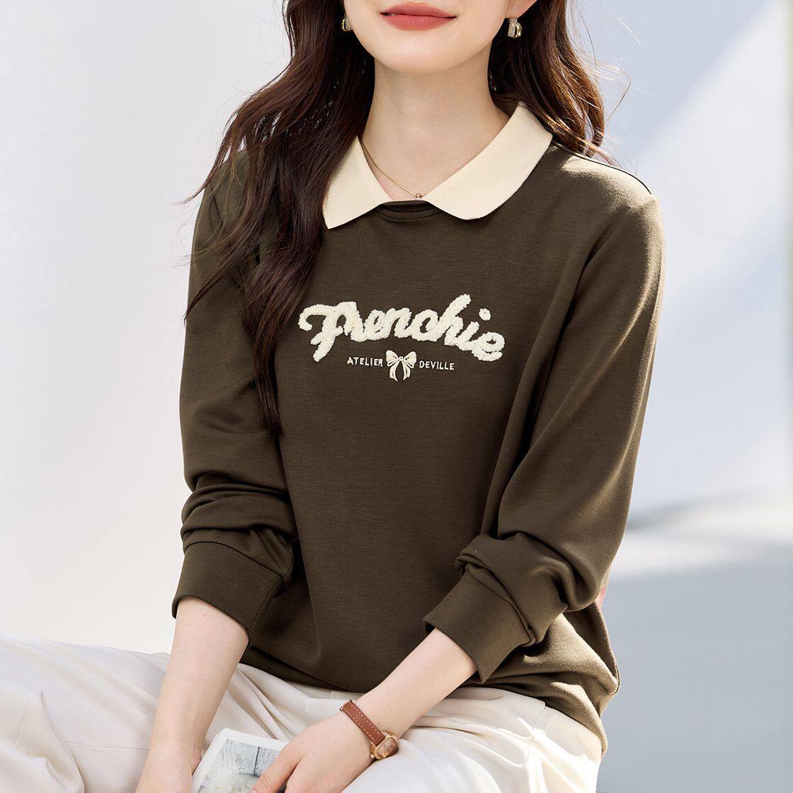 秋季翻领刺绣假两件宽松卫衣女