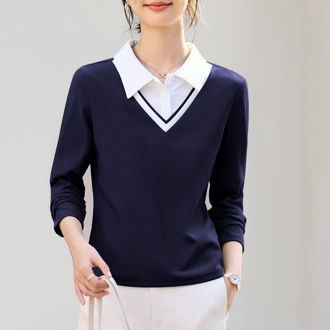 polo领假两件长袖t恤女2026新款春季爆款高端女装正肩翻领上衣衫