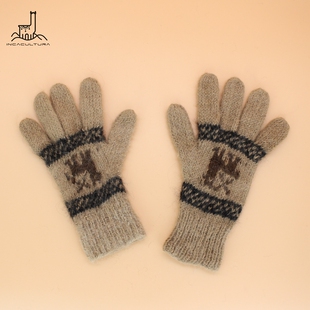 PERU秘鲁进口羊驼毛线手工编织高原冬季保暖毛绒手套半指女款手套