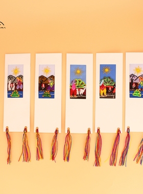 PERU秘鲁进口皮质书签手绣风格安第斯文创书签明信片版画