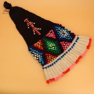 秘鲁进口特殊造型锥形帽子柔软带檐多彩羊驼毛手工编织帽子