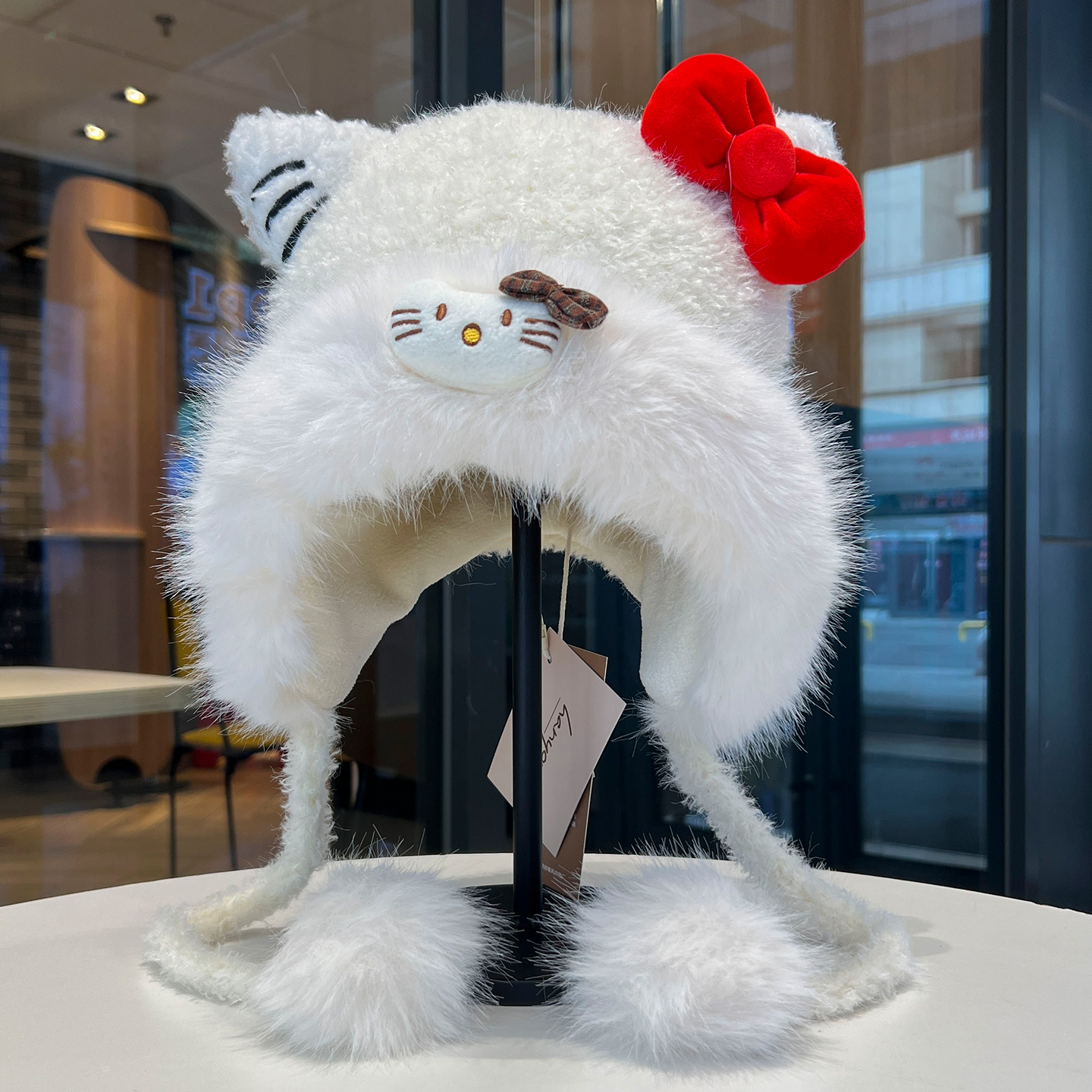 可爱kt猫耳朵蝴蝶结毛绒帽