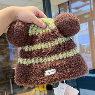 2025新款可爱小熊针织帽子女冬季加厚保暖护耳大头围显脸小毛线帽