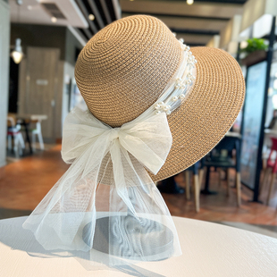蕾丝珍珠草帽女海边度假沙滩防晒遮阳帽法式 夏季 优雅草编太阳帽子