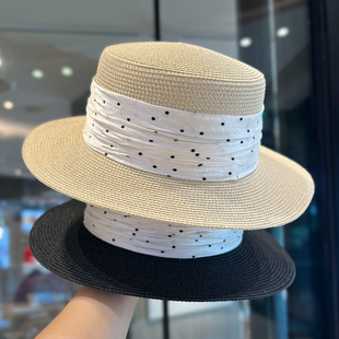 出游海边沙滩帽子时尚 平顶草帽潮 波点度假礼帽女夏季 防晒优雅法式