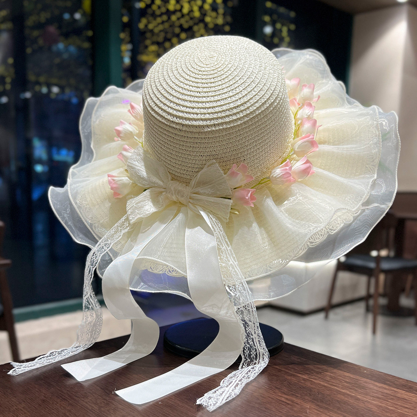 甜美蕾丝飘带草帽女夏季防晒