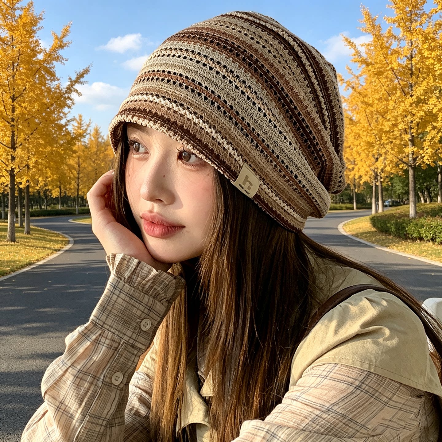 韩版拼色条纹堆堆帽女显脸小