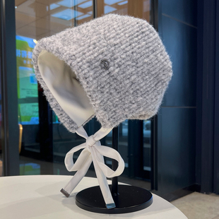 韩版个性系带毛绒混纺护耳帽加绒双层秋冬保暖法拉帽显脸小包头帽