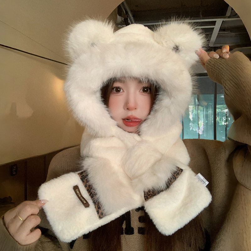 小熊帽子围巾一体两件套冬季加厚雷锋帽女秋冬豹纹围脖毛绒套头帽