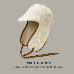 日系甜美可爱羊羔绒毛绒帽子女秋冬新款鹿皮绒保暖护耳雷锋帽百搭