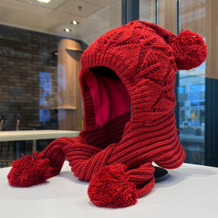 新款红色针织护耳帽子女秋冬保暖毛球流苏套头帽防寒护脖毛线帽潮