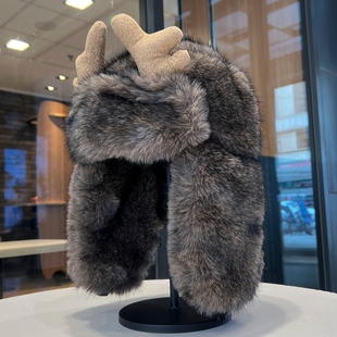 鹿角仿皮草雷锋帽男女冬季加厚加绒保暖防寒可爱护耳滑雪飞行员帽