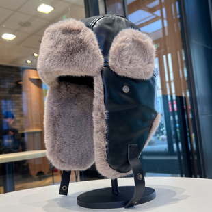 冬季 皮质雷锋帽男女骑车防风护耳护目镜帽子加厚加绒东北棉帽保暖