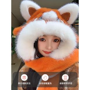 冬季保暖防寒护耳雷锋帽耳朵会动小浣熊帽子围巾一体加绒包头帽子