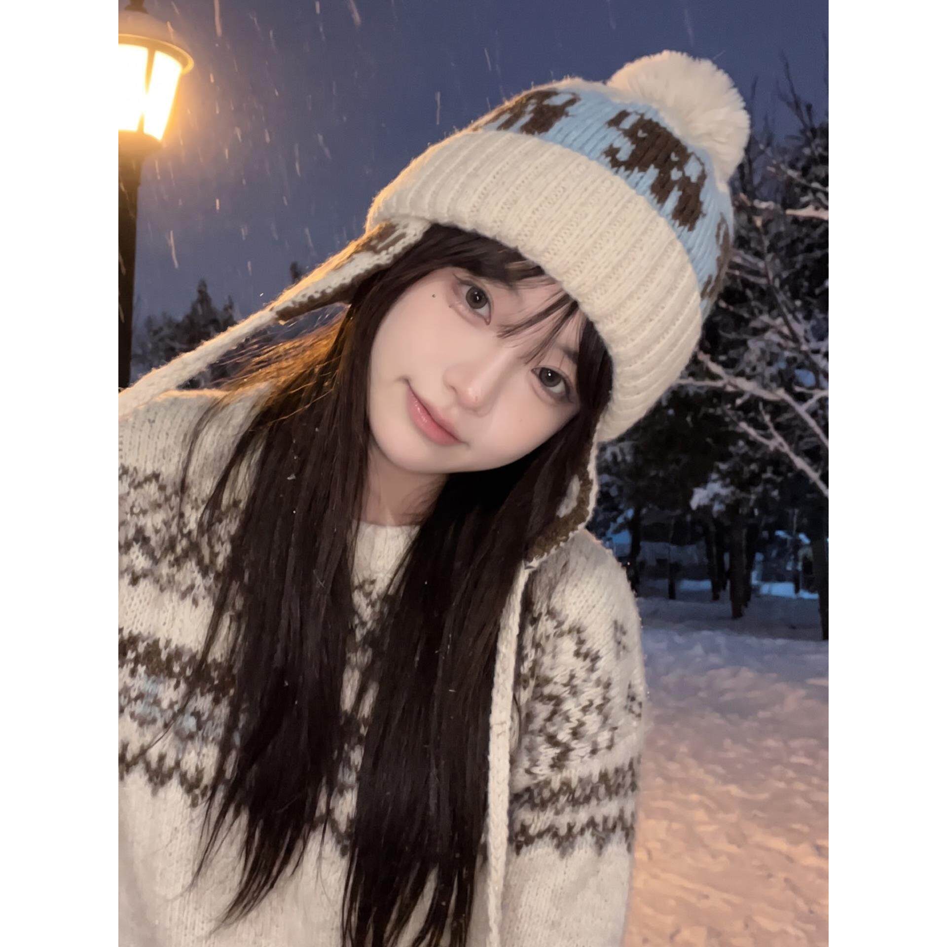 复古费尔岛小象提花针织雷锋帽女