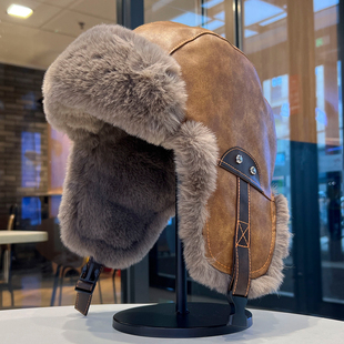 飞行员帽男女复古PU皮保暖雷锋帽冬季东北户外加绒加厚防寒雪地帽