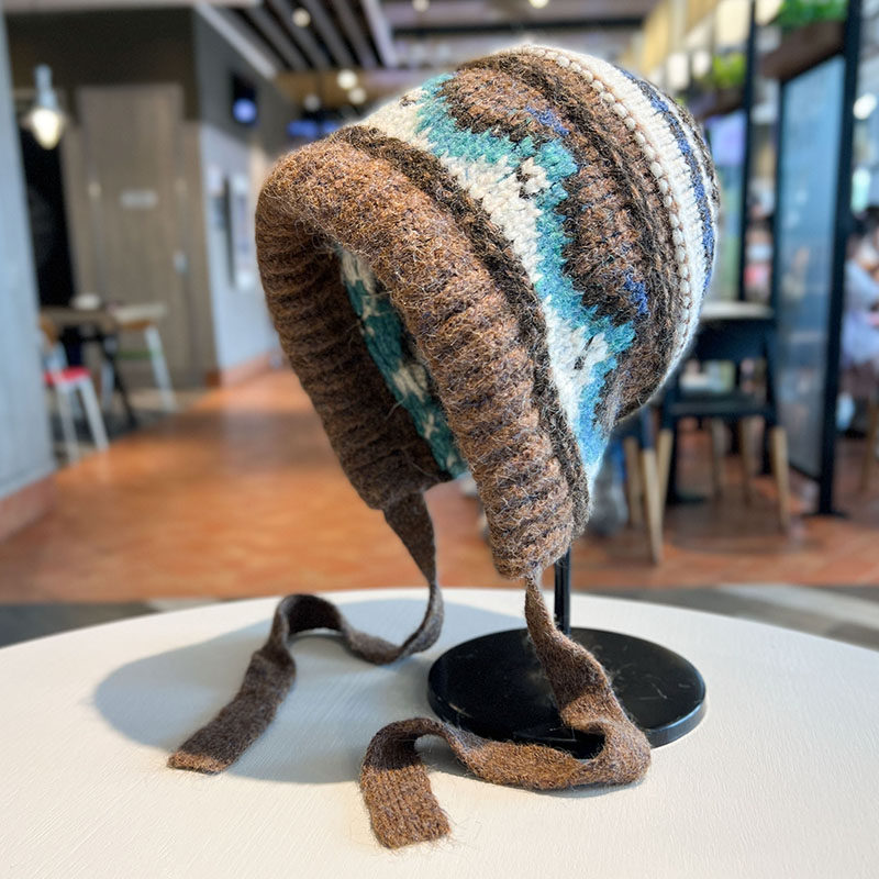 提花绑带护耳帽子女2025新款复古民族风保暖套头帽秋冬针织毛线帽