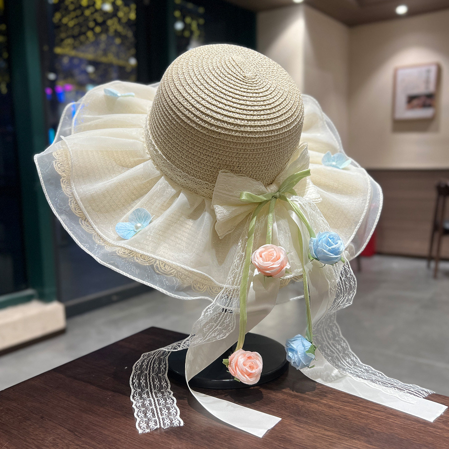 超仙甜美花朵蕾丝飘带草帽女度假风海边沙滩帽防晒遮阳太阳帽子夏