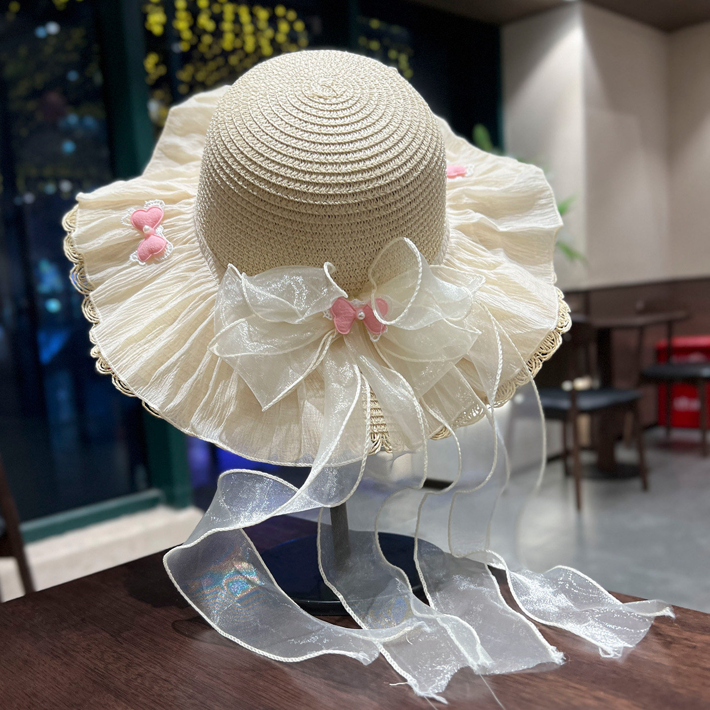 夏季蝴蝶结飘带草帽女遮阳防晒