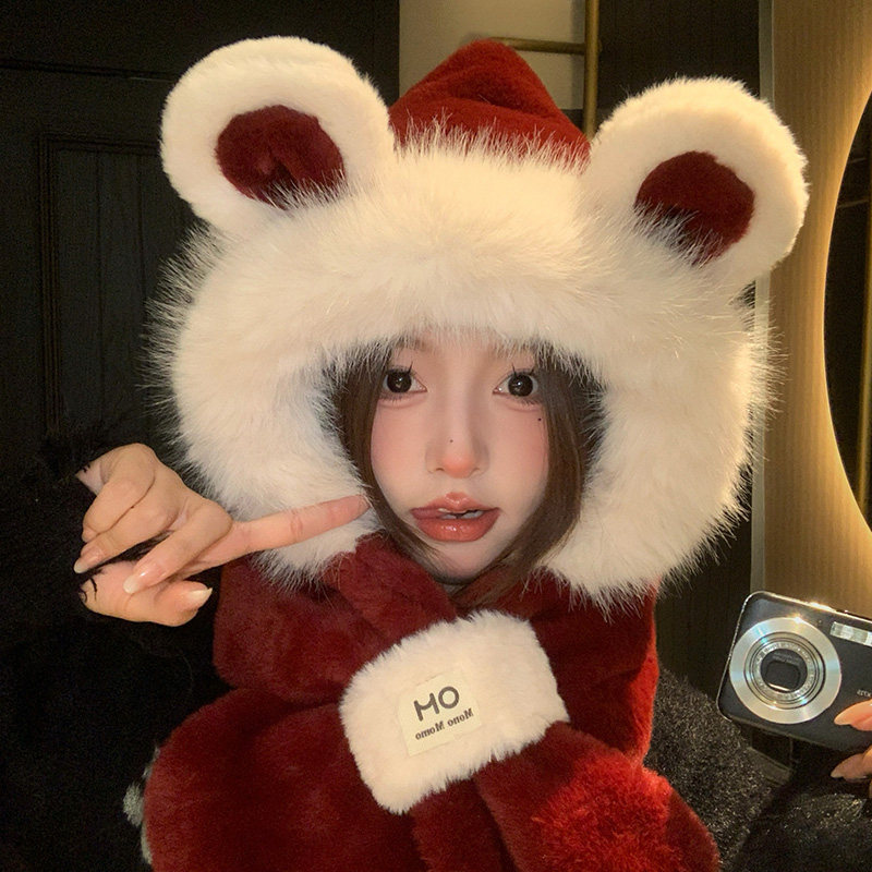 可爱小熊毛绒帽子女围脖一体帽秋冬季加厚加绒防寒保暖护耳雷锋帽,服饰配件/皮带/帽子/围巾,帽子,淘宝优惠券,粉丝福利购,淘宝优惠卷
