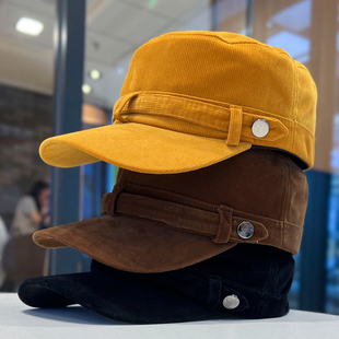 韩系复古平顶帽子女秋冬季灯芯绒百搭显脸小鸭舌帽户外马术骑士帽