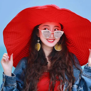 紅色加大帽檐防曬漁夫帽子女夏季 海邊沙灘度假遮陽(yáng)防紫外線太陽(yáng)帽