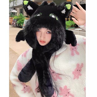耳朵会动无牙仔毛绒帽子围巾一体女冬季保暖围脖环球影城护耳连帽