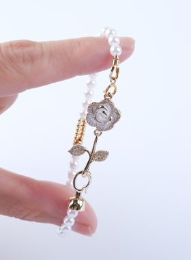 阅微雅记金色玫瑰花手链设计师原创珍珠手链 腕上生花 珍储岁华