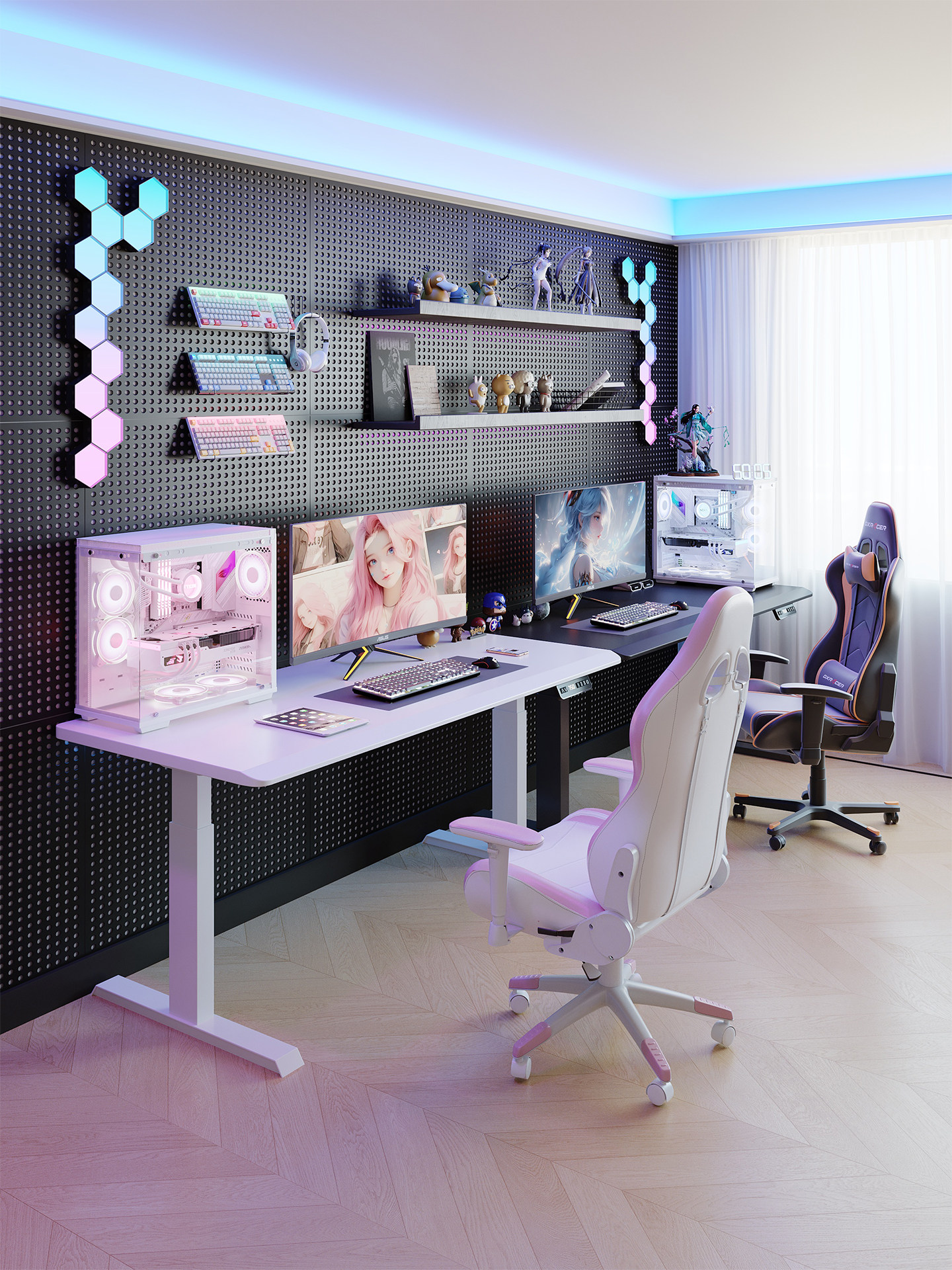 白色电动升降桌实木电脑桌家用书房电竞桌双人书桌2米站立办公桌