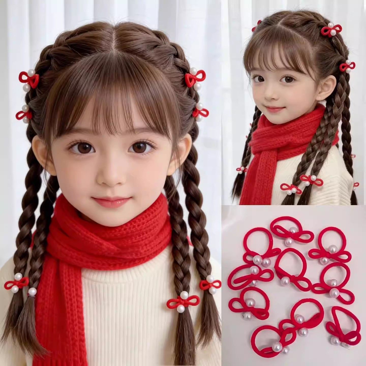 儿童新年红色珠珠发圈拇指圈甜美可爱宝宝迷你头绳发饰喜庆头饰品