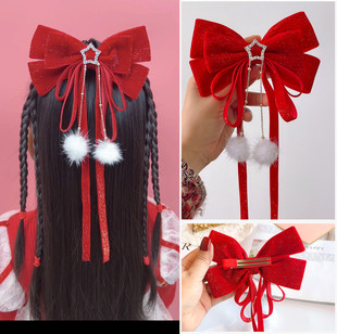 小熙瓜新年大红色丝绒女童发饰宝宝大蝴蝶结披肩发儿童编发头饰