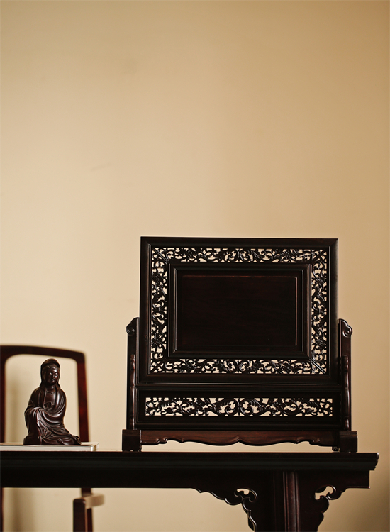 紫光檀西番莲纹透雕插屏榫卯结构制案头陈置雅件文玩木雕收藏送礼