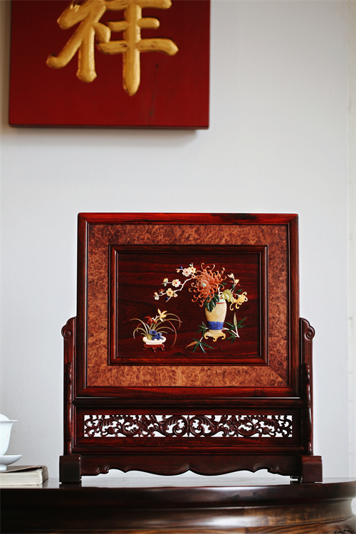 印度小叶紫檀百宝嵌四季平安插屏内嵌缅花满瘤疤榫卯结构制收藏品
