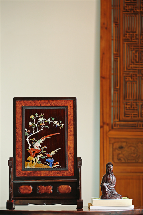 老挝大红酸枝百宝嵌富贵长寿插屏攒框镶缅花瘤疤案上摆件文玩收藏