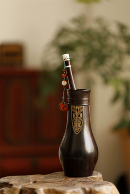 紫光檀金漆花器花瓶一木挖制案上案几雅器文玩木雕收藏品送礼