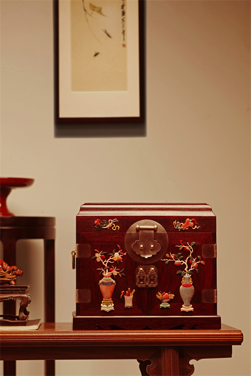 印度小叶紫檀百宝嵌博古图官皮箱嫁妆箱珠宝收纳箱文玩木雕收藏品