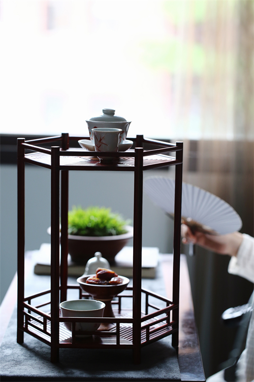 印度小叶紫檀六方双层茶棚茶架嵌满瘤疤缅花茶道雅件文玩收藏送礼