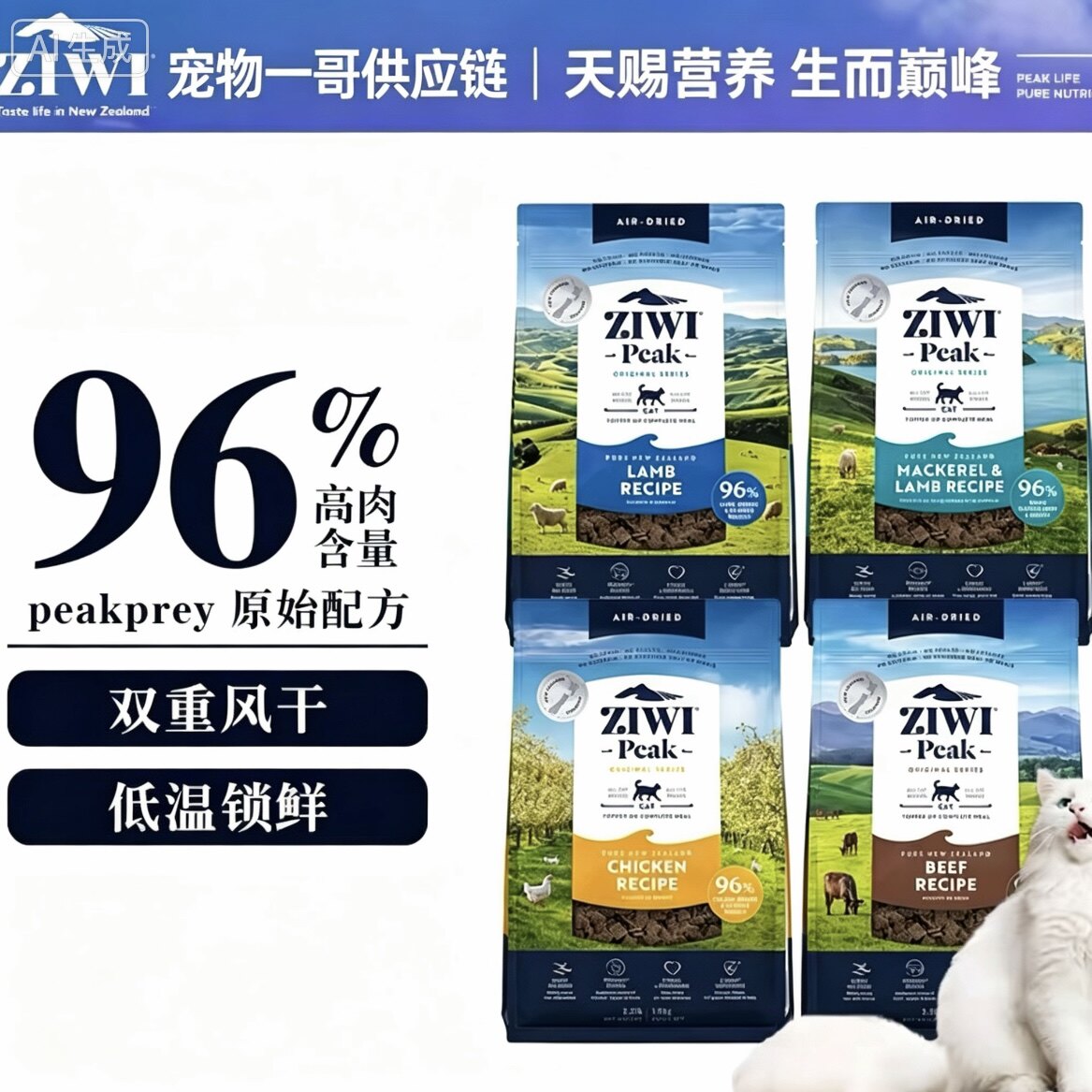 现货重庆仓新西兰ZiwiPeak滋益巅峰风干猫粮鸡肉马鲛鱼羊400g1kg
