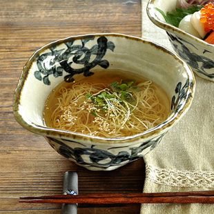 日本进口匠人手作餐具和风手绘唐草纹陶瓷碗盘子杯家用碗汤碗菜盘