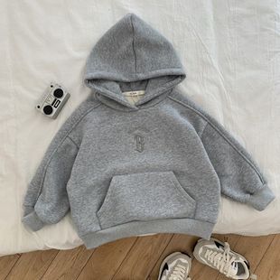 儿童字母刺绣连帽套头卫衣加绒加厚新年红色冬韩版男女童宽松上衣