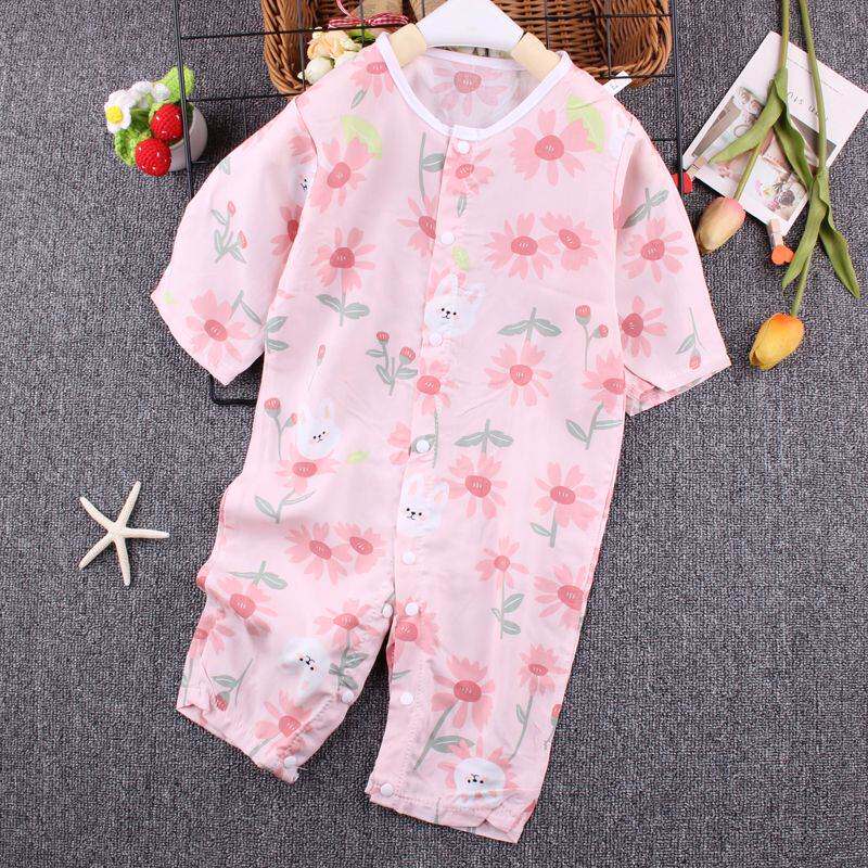 婴儿棉绸连体衣睡衣夏季七分袖薄款新生儿爬服按扣哈衣宝宝空调服