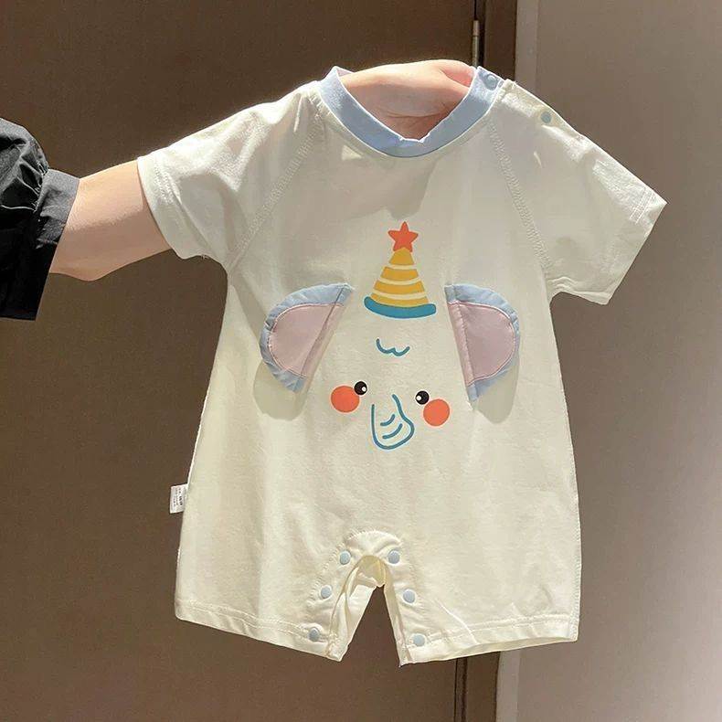 婴儿夏季衣服纯棉无骨缝可爱大象图案婴儿连体衣男女宝宝衣服爬服