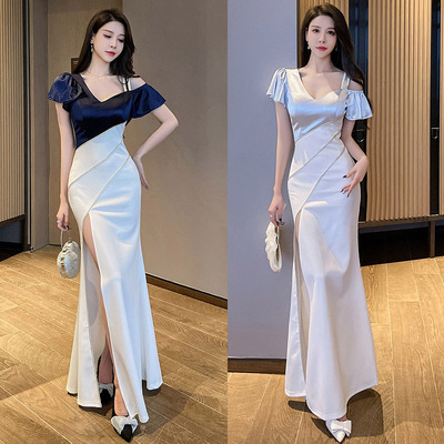 ktv晚礼服显瘦遮肚子长款年会日常可穿吊带长裙气质技师工作服spa