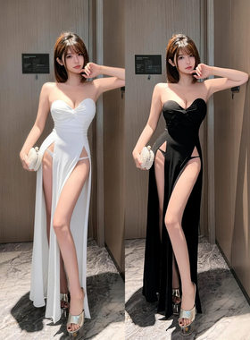 低胸显瘦显高高开叉佳丽走秀晚礼服直播辣妹女装夜店性感抹胸长裙
