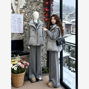 子松弛感减龄三件套装 冬装 裤 胖mm棉服马甲针织衫 女 穿搭一整套大码