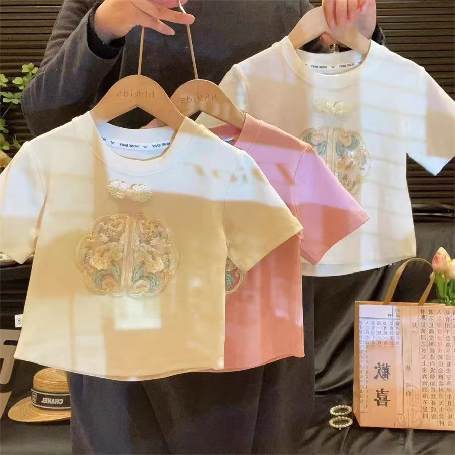 女童新中式短袖2025夏季新款儿童刺绣T恤宝宝套头重工洋气短袖潮,童装/婴儿装/亲子装,T恤,淘宝优惠券,粉丝福利购,淘宝优惠卷